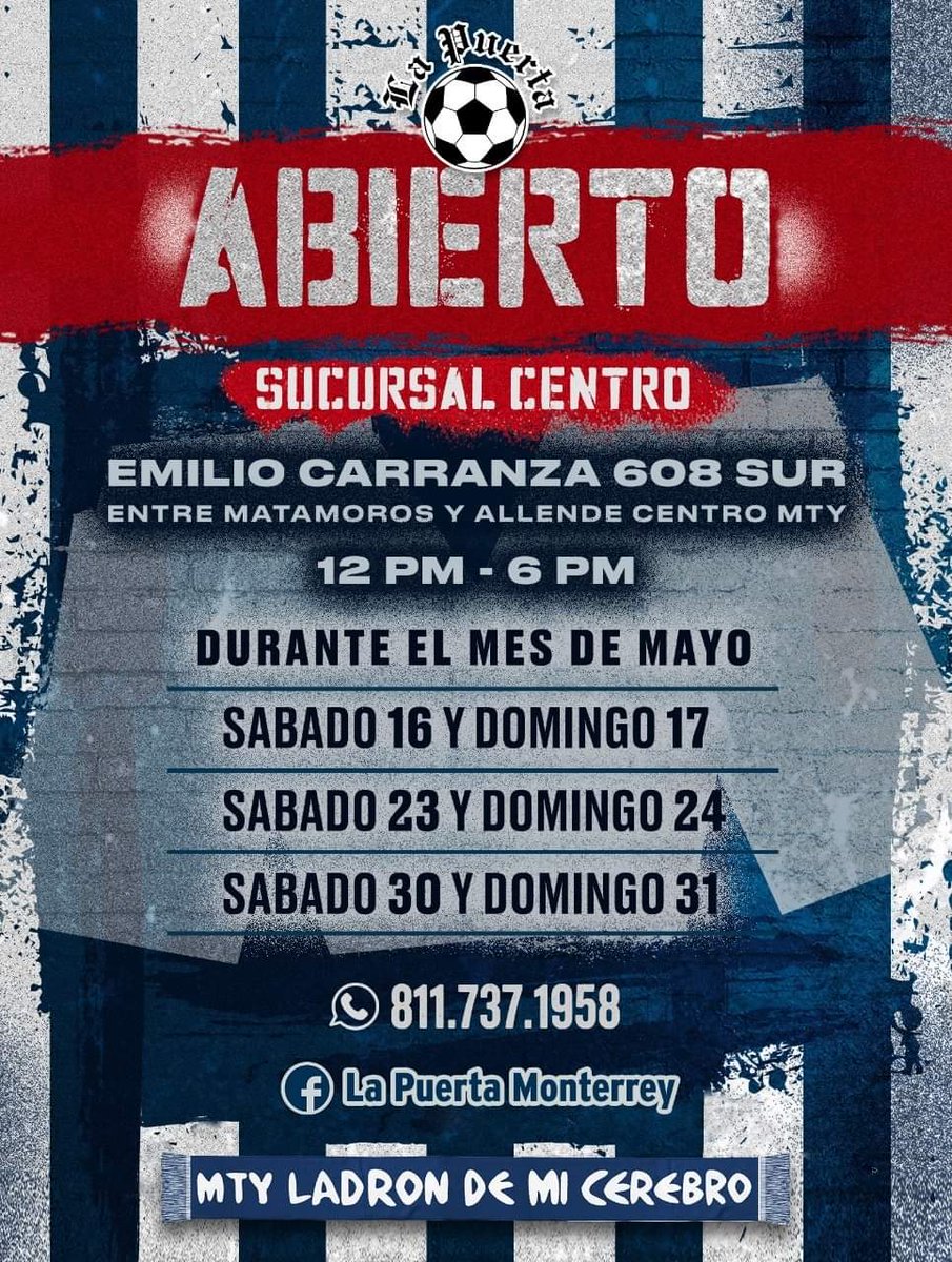 LaPuertaAd's tweet photo. 🚨🚨 NUEVO HORARIO 🚨🚨

Con las medidas adecuadas regresamos  a las actividades estará abierto únicamente la sucursal centro Sab y Dom de 12 - 6 pm durante  mayo.

📍 Emilio Carranza 608 / Matamoros y Allende Mty.

🗣Servicio a domicilio vía WhatsApp 811-737-1958.

#LaPuertaAD https://t.co/nkDj5ELTbc