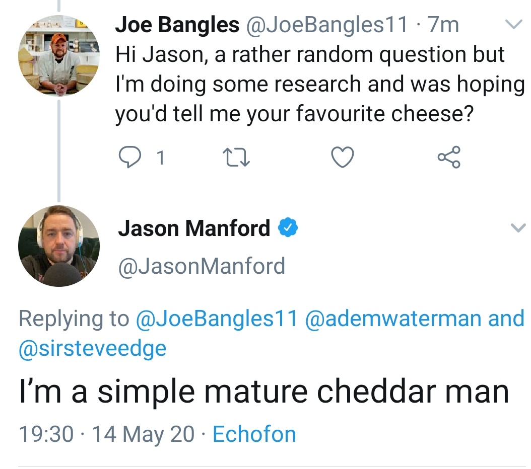 A BIG thank you to the amazing  @RichardEGrant,  @JasonManford,  @katelawler and  @AlistairBarrie for your replies and cheese choices..I've had quite a few vegan replies but no vegan alternatives so if anyone has any non-dairy recommendations, please let me know! #ThursdayThoughts