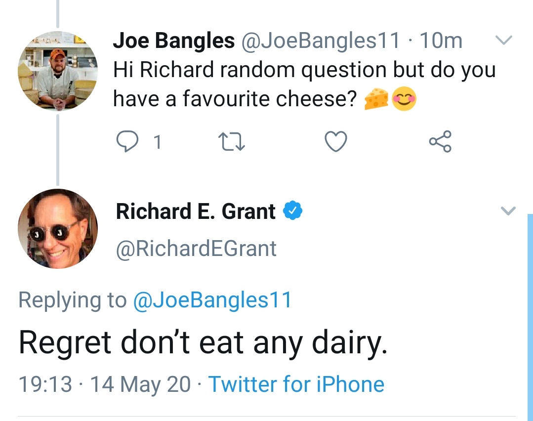 A BIG thank you to the amazing  @RichardEGrant,  @JasonManford,  @katelawler and  @AlistairBarrie for your replies and cheese choices..I've had quite a few vegan replies but no vegan alternatives so if anyone has any non-dairy recommendations, please let me know! #ThursdayThoughts