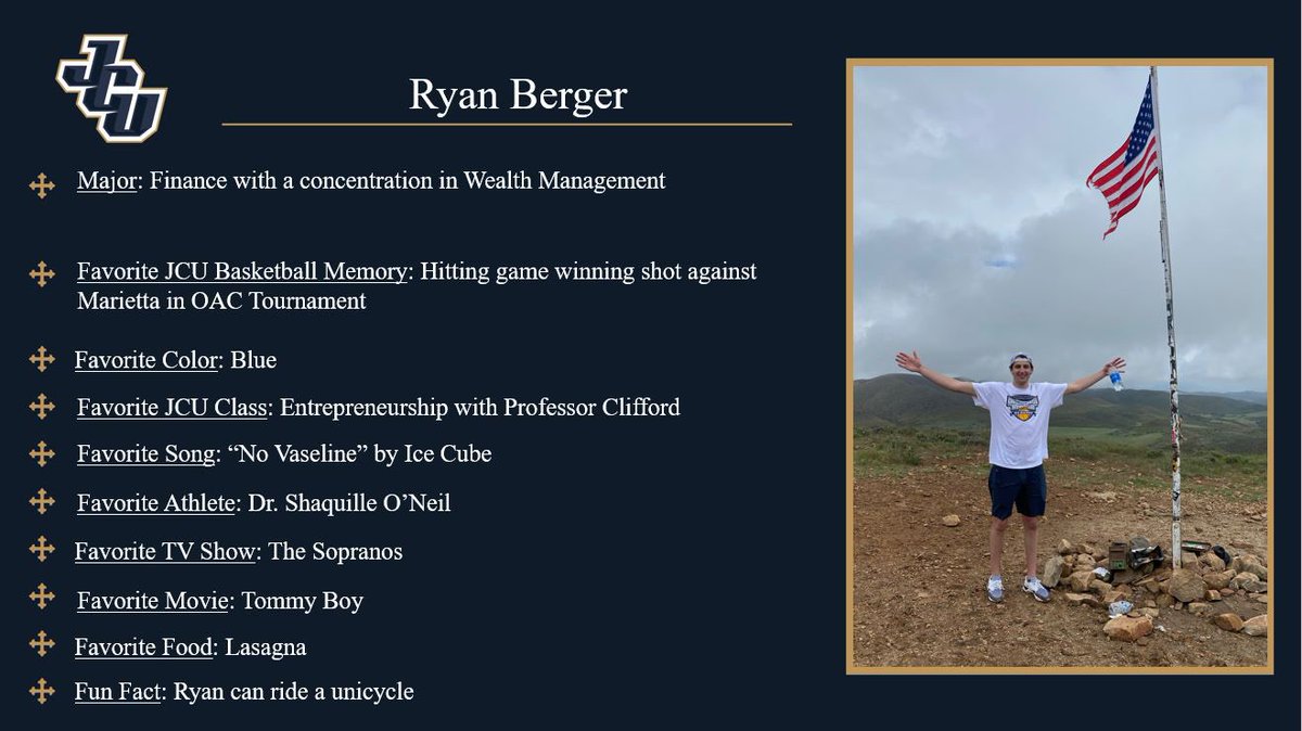 JCUMensHoops's tweet photo. With graduation near, our final senior is Ryan Berger! https://t.co/aseIbLnq07