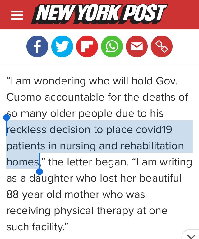 New York, USA:  https://nypost.com/2020/04/21/cuomo-coronavirus-nursing-home-policy-proves-tragic-goodwin/