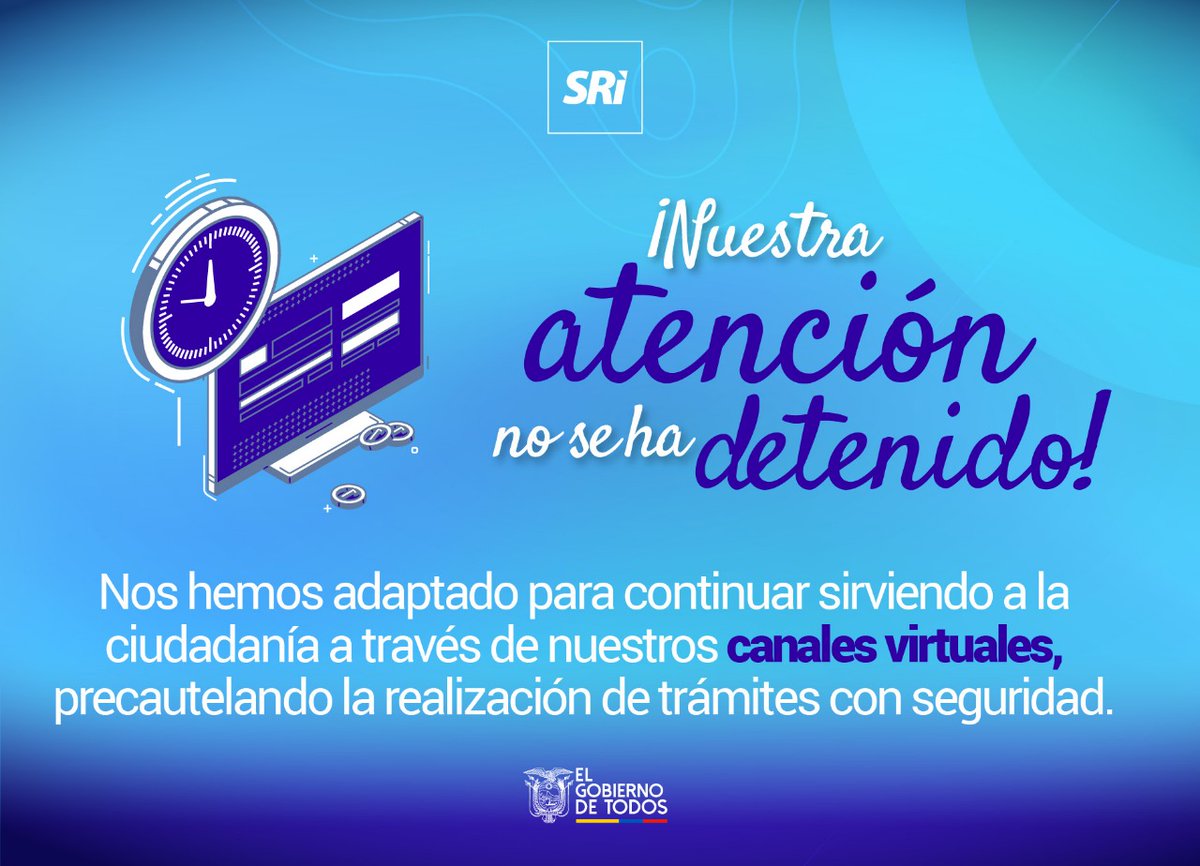 SRIoficialEc's tweet photo. Seguimos gestionando todos tus requerimientos tributarios gracias a nuestro canal virtual #TrámitesElectrónicosSRI. Ingresa a ▶️ https://t.co/zcSM6Rhqk6 y conoce más.
#SRIenLínea https://t.co/n6DAAqUzYk