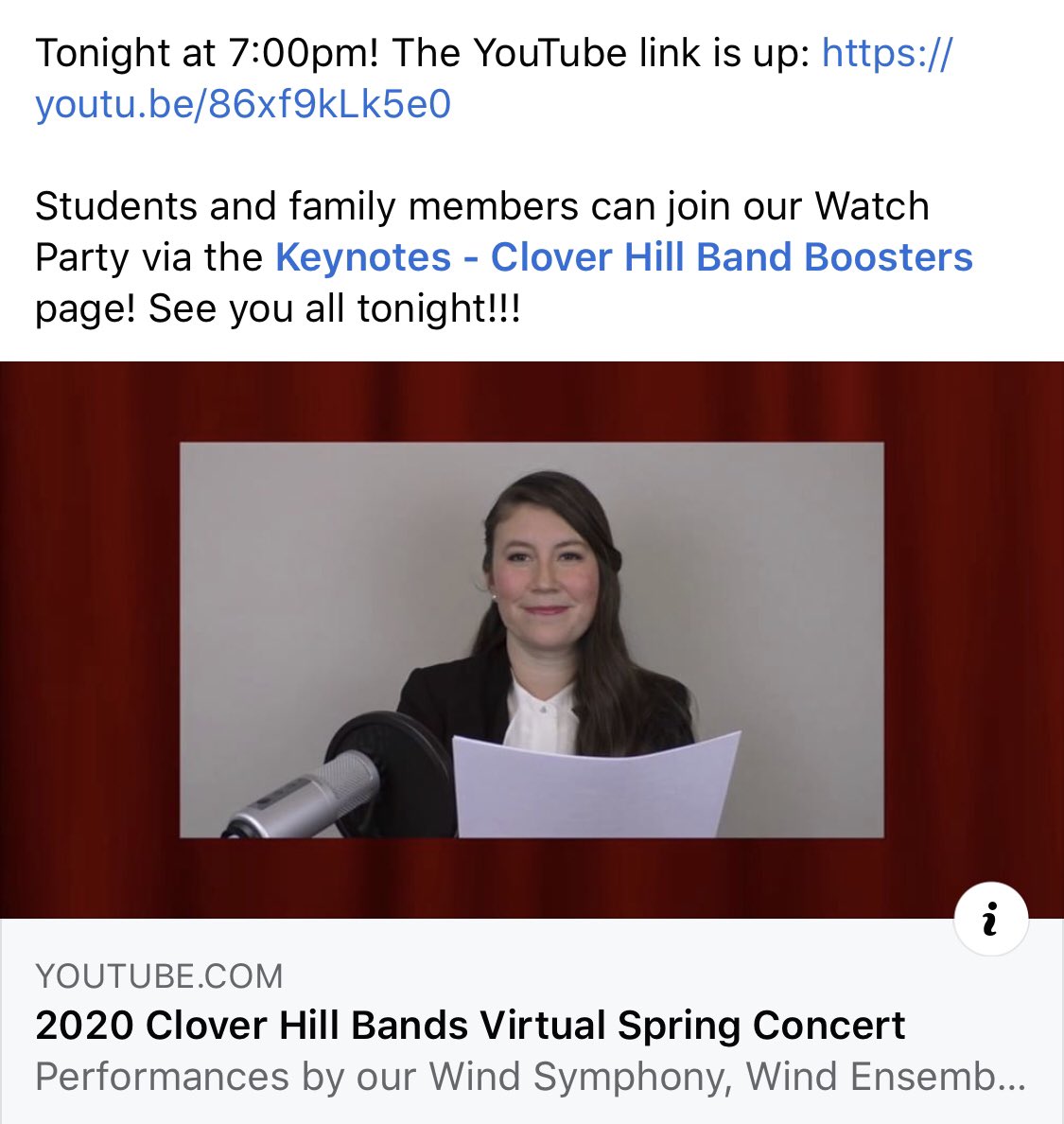 Our virtual spring concert is tonight at 7:00pm! The YouTube link is up: youtu.be/86xf9kLk5e0 Students and family members can join our Watch Party via the Keynotes - Clover Hill Band Boosters page! See you all tonight!!! #CHHSbands @cloverhillhs
