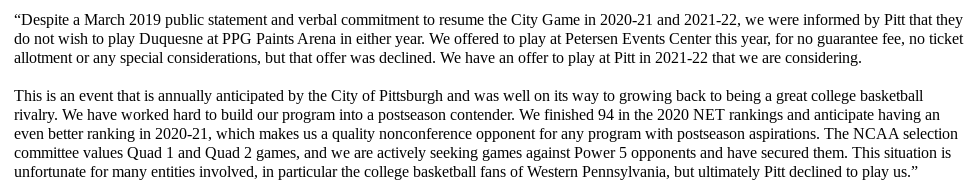 ByCraigMeyer's tweet photo. Statement from Duquesne AD Dave Harper. There won't be a City Game at PPG Paints Arena during the 2021-22 season, either, but there is still a possibility they play at Pitt that year https://t.co/phZwP9eB8v