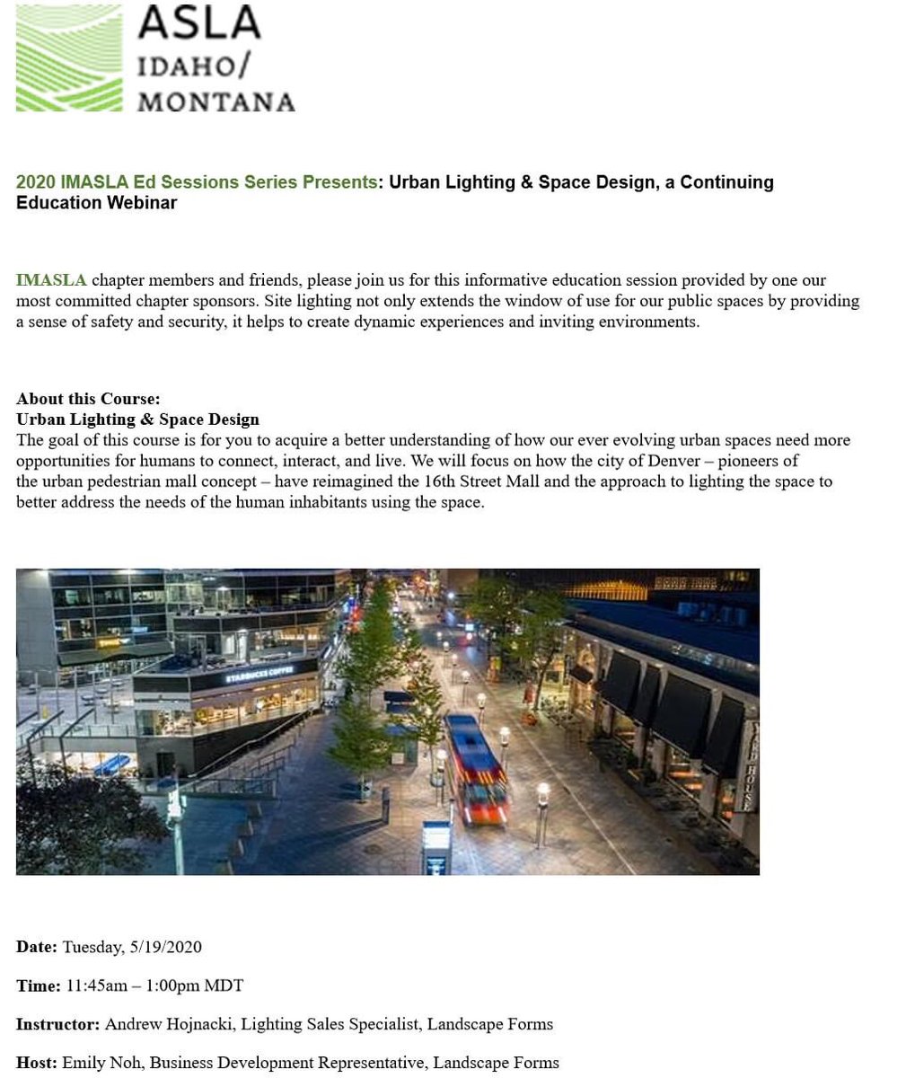 IMASLA chapter members and friends, please join us for this FREE informative education session provided by one our most committed chapter sponsors <a href="/landscapeforms/">LandscapeForms</a>!
To register for this FREE course, simply click here. 
register.gotowebinar.com/register/91759…