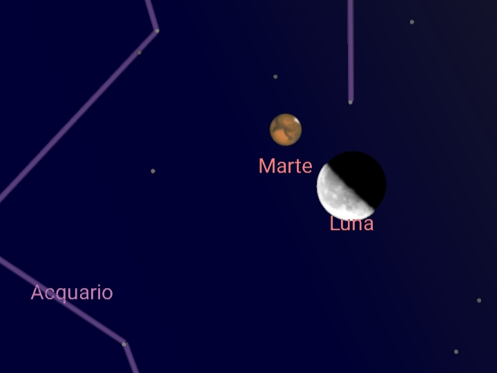 #Stanotte "incontro romantico" tra #Selene e #Ares.
La #Luna (all'ultimo quarto) brillerá vicino a #Marte.
I due astri sorgeranno nel cuore della #notte (dopo le ore 3.00) appaiati nell'#Acquario. La congiunzione sará visibile fino a quasi le 5.00, quando inizierá ad albeggiare.