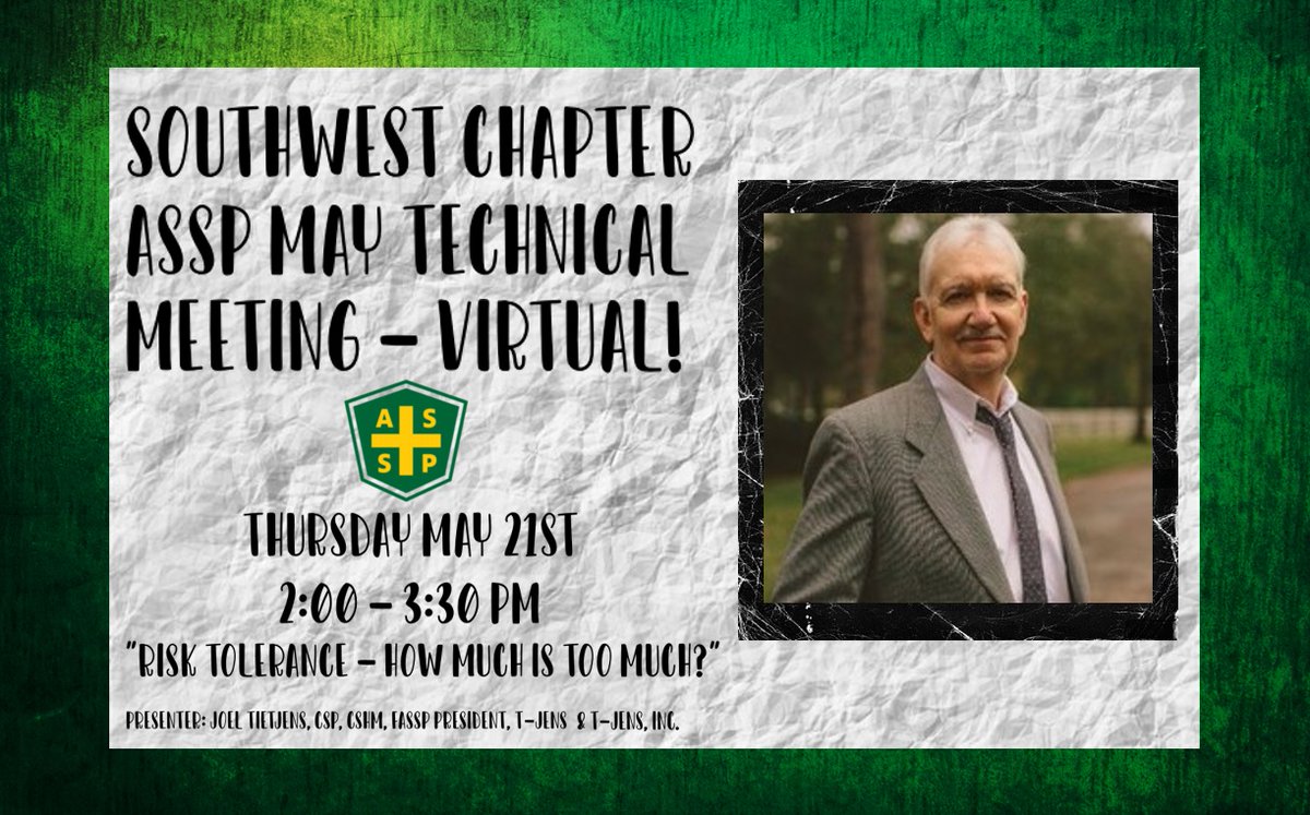 ASSPSWChapter's tweet photo. Our first virtual technical meeting is NEXT THURSDAY! This is a FREE meeting, but you must register beforehand. Join us!
Register here: https://t.co/bUI4ZrHsnd
#ASSP #EHS #Risk #southwestchapterassp #southwestchapter #DFW #VirtualSafety https://t.co/eheyAIEV2C