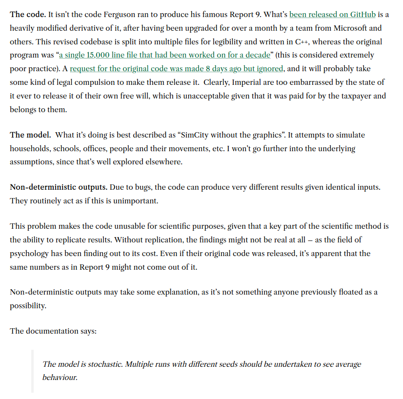 Según la petición de la gente que quiere saber qué ha hecho Neil Ferguson con sus falsos cálculos, lo que ha puesto en Github NO ES LO QUE ÉL USÓ para hacer los cálculos.Como dicen en el enlace que puse arriba de  https://lockdownsceptics.org/code-review-of-fergusons-model/Este programa maquillado por Microsoft ...