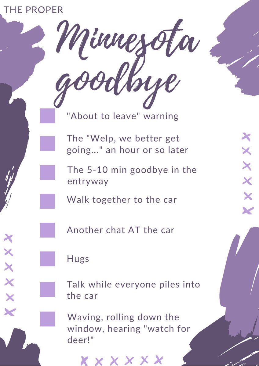 sarahrudlang's tweet photo. This pandemic has really cut down the steps of our Minnesota goodbyes, and I don't know how I feel about it... 😅 So I made this graph to explain how they typically go on @970WDAY.
#MinnesotaGoodbye #Minnesota https://t.co/tCYSgRFP7L