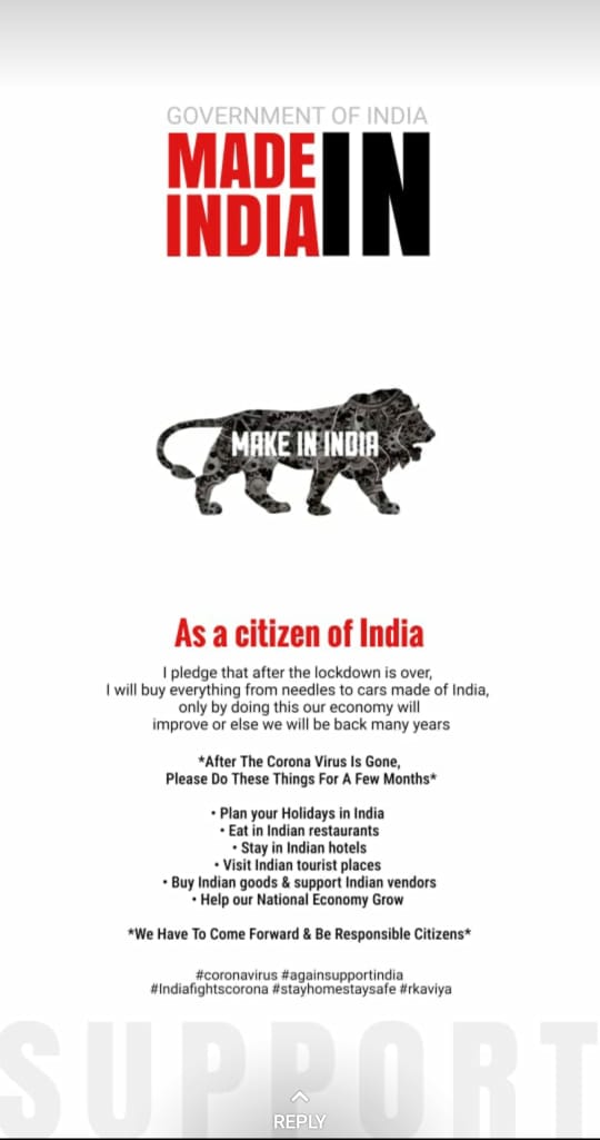 KishanRaba's tweet photo. Make In India

I realised that  when our country in trouble there are Tata, Reliance and other Indian companies come forward and help our country.

So many people are buying global brands and I am also one of them but now I am promise to my self that I will buy only Indian brand. https://t.co/CldSyaiVRa