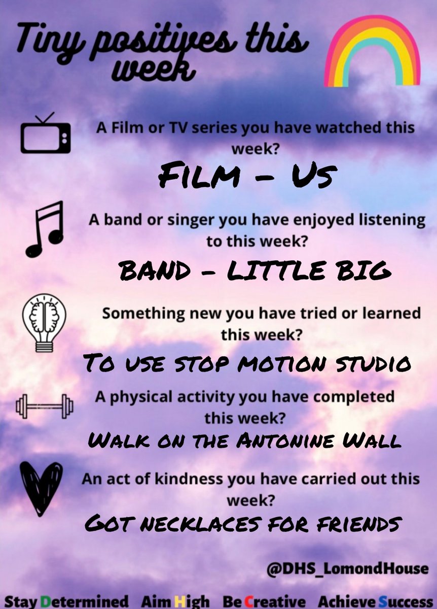 GraceCameronCLD's tweet photo. @DHS_LomondHouse @DHS_Wellbeing @DennyHighSchool
These were my #tinypositives for this week. 😊 🌈🌟 https://t.co/d1V85sEoVt