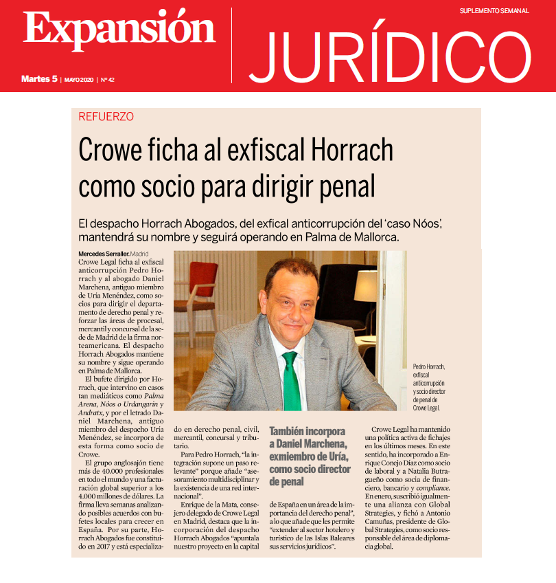 CroweMadrid's tweet photo. Crowe ficha al exfiscal Horrach como socio para dirigir penal https://t.co/NOQqGgL8C8 vía @expansioncom | #Fichajes #Juridico #Penal #Legal #TeamCrowe #Horrach https://t.co/F7O9VclWXc