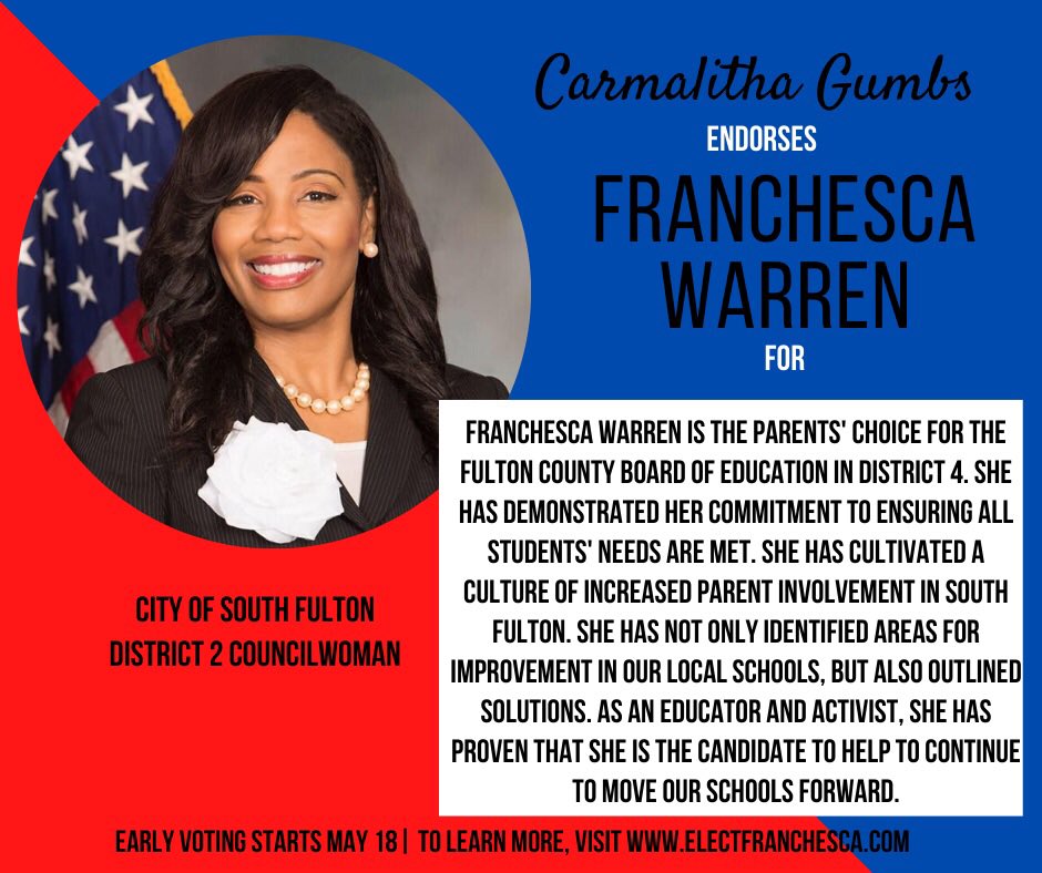 Franchesca Warren (@electfranchesca) on Twitter photo Thank you to Councilwoman <a href="/CarmalithaG/">Carmalitha Gumbs, Candidate for Mayor, COSF</a> for her endorsement. #Fran4District4 Thank you to Councilwoman <a href="/CarmalithaG/">Carmalitha Gumbs, Candidate for Mayor, COSF</a> for her endorsement. #Fran4District4