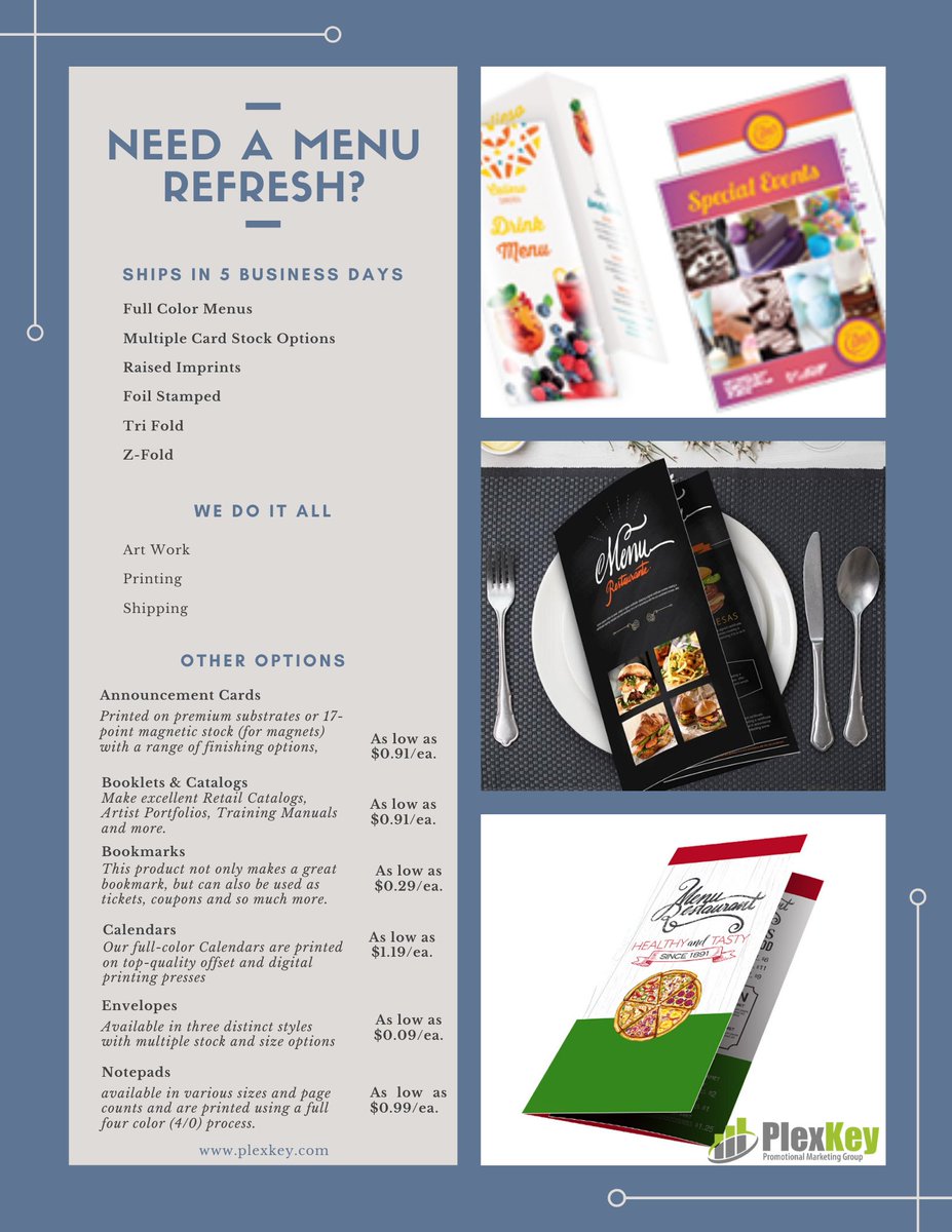 plexkey's tweet photo. Dish out some new recipes with professionally printed menus from PlexKey.
We will design your menu with you and give expert guidance along the way.
Info@plexkey.com
#supportlocal #wereopen #smallbusiness #bostontakeout #eatlocal #foodstagram #massachusetts #takeout #custom https://t.co/48QI4VEQmK