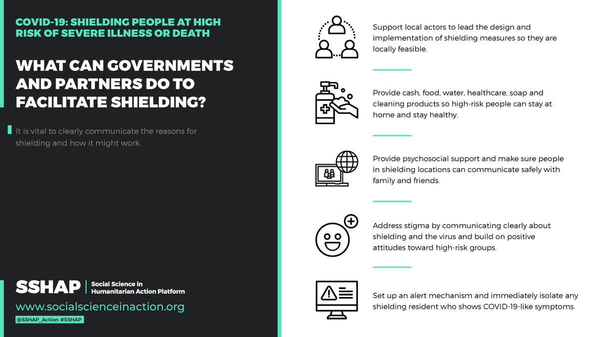 What can governments and partners do to facilitate shielding? 

🔊It is vital to clearly communicate the reasons for shielding. 

👉Local actors also need to be supported to lead the design &amp; implementation of shielding measures so they are locally feasible

#COVID9 

5/5