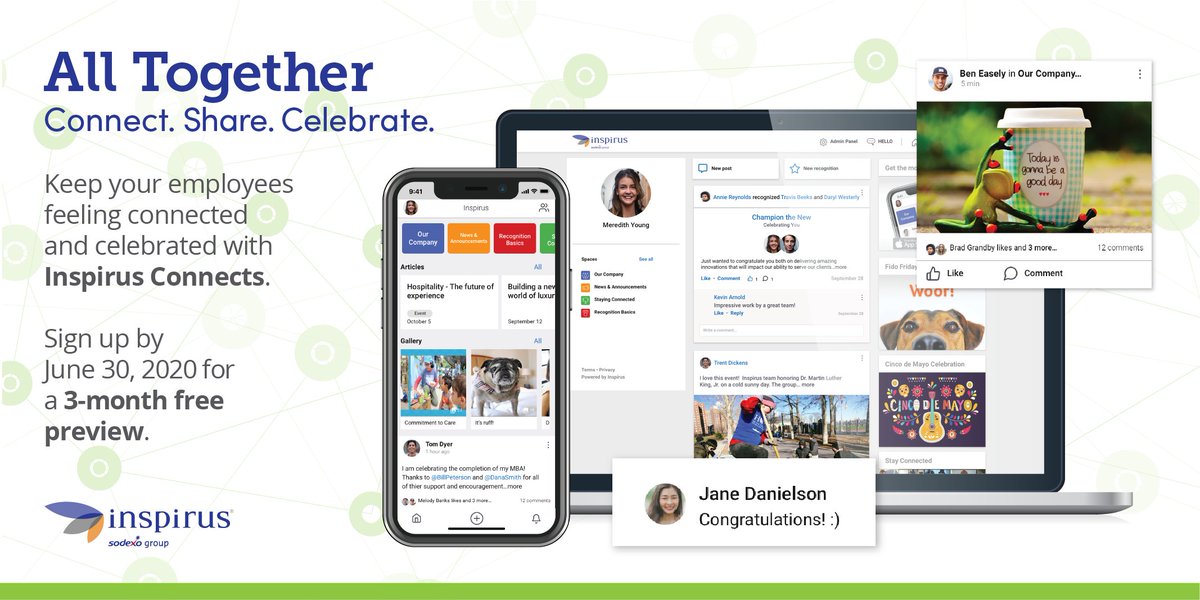 InspirusRewards's tweet photo. Keep your employees feeling connected and celebrated with a 3-month preview of Inspirus Connects – All Together. Sign up today! https://t.co/eNGOjYODYv #StayConnected #BringJoyToWork https://t.co/dmbM5XZUjU