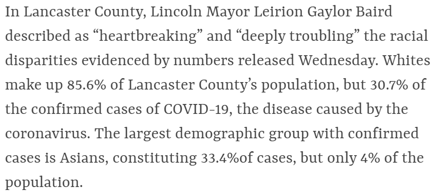 4/ ...and in Lancaster County (includes Lincoln, NE) data reported yesterday in  @OWHNews revealed a MASSIVE disparity among the county's Asian population (which includes a number of Karen, Nepali, and Vietnamese immigrant/refugee groups). https://www.omaha.com/livewellnebraska/nebraska-coronavirus-cases-pass-9-000-lincoln-data-show-racial-disparity/article_dffee0da-c800-57f9-9b21-3802d1469eb1.html