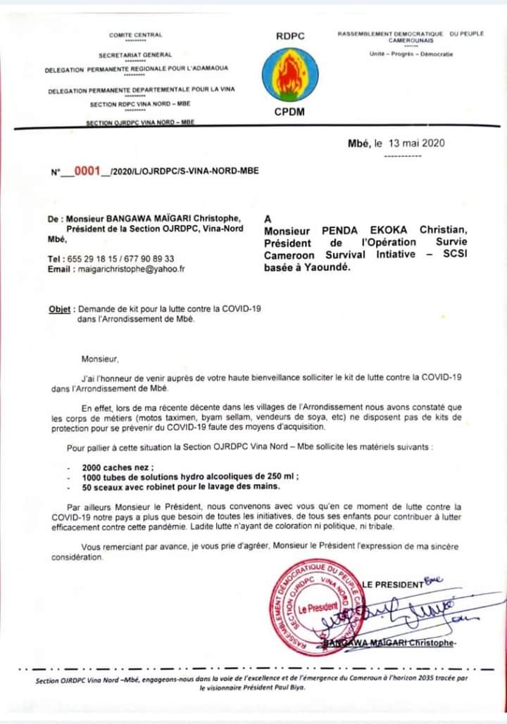 narcisse_njike's tweet photo. Le président de la section #OJRDPC Vina-Nord Mbé fait sa demande d'aide contre @covid19 au président de gestion @SurvieCameroun Mr @EkokaPenda.
- 2000 Caches Nez
- 1000 Tubes de solutions Hydro-alcooliques
- 50 Seaux avec robinets pour lavage des mains.
#WhyISupportKamto https://t.co/0knKsFa9Pq