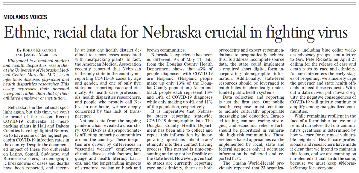 1/ In  @OWHnews  @OWHopinion this morning,  @DrJRMarcelin & I call for racial/ethnic  #COVID19 data reporting in Nebraska.We are currently the ONLY state reporting ZERO state-level demographics. Short thread about why this is a  #HealthEquity nightmare  https://www.omaha.com/opinion/midlands-voices-nebraska-needs-virus-related-data-by-ethnic-racial-background/article_8e662974-2825-5278-b94f-9c5f4a39598f.html