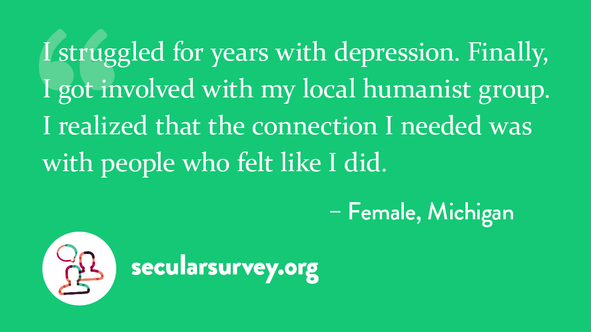 seculardotorg's tweet photo. Members of national and local secular organizations were less at risk for depression. Find out more about the benefits of joining an atheist group with the #RealityCheckReport. https://t.co/hbt8f5L1Uk https://t.co/ZSyOR8PnWk