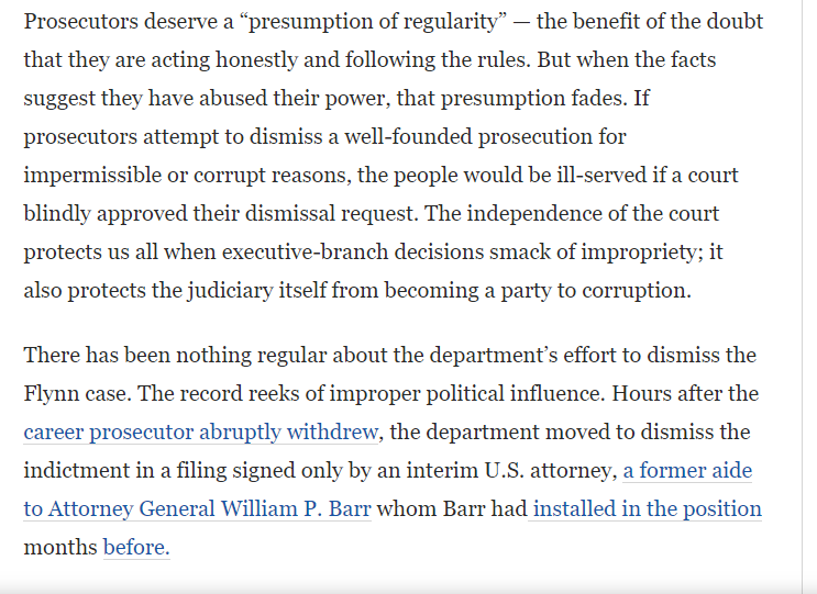 4/ Here is what Gleeson wrote. The retired-judge suggests that where there is clear evidence of irregularity a judge can refuse to dismiss a charge & then he implies that such evidence exists in his claimed smell of "improper political influence."