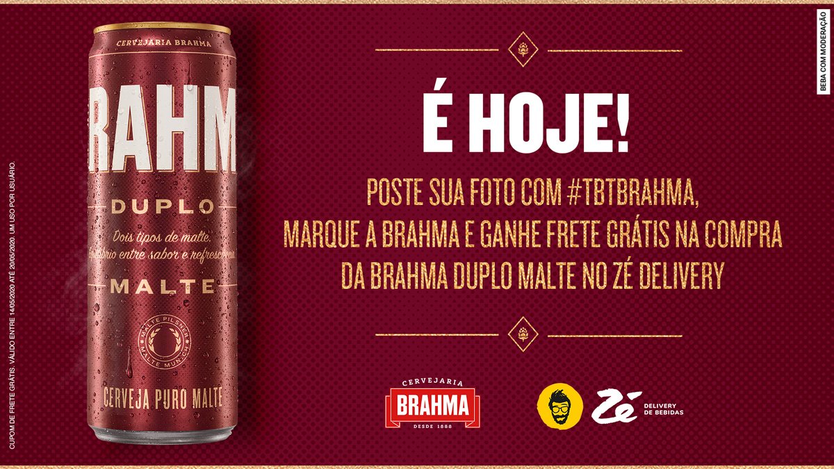 É hoje, dia de #TBTBrahma, dia de The Beer Time! É só usar a #TBTBrahma na hora de postar uma foto antiga com a cerveja, depois a gente entra em contato com um cupom pra você pedir a nova Brahma Duplo Malte com frete grátis via <a href="/ZeDelivery/">Zé Delivery 🛵</a>, fechou?! #ApreciecomModeração