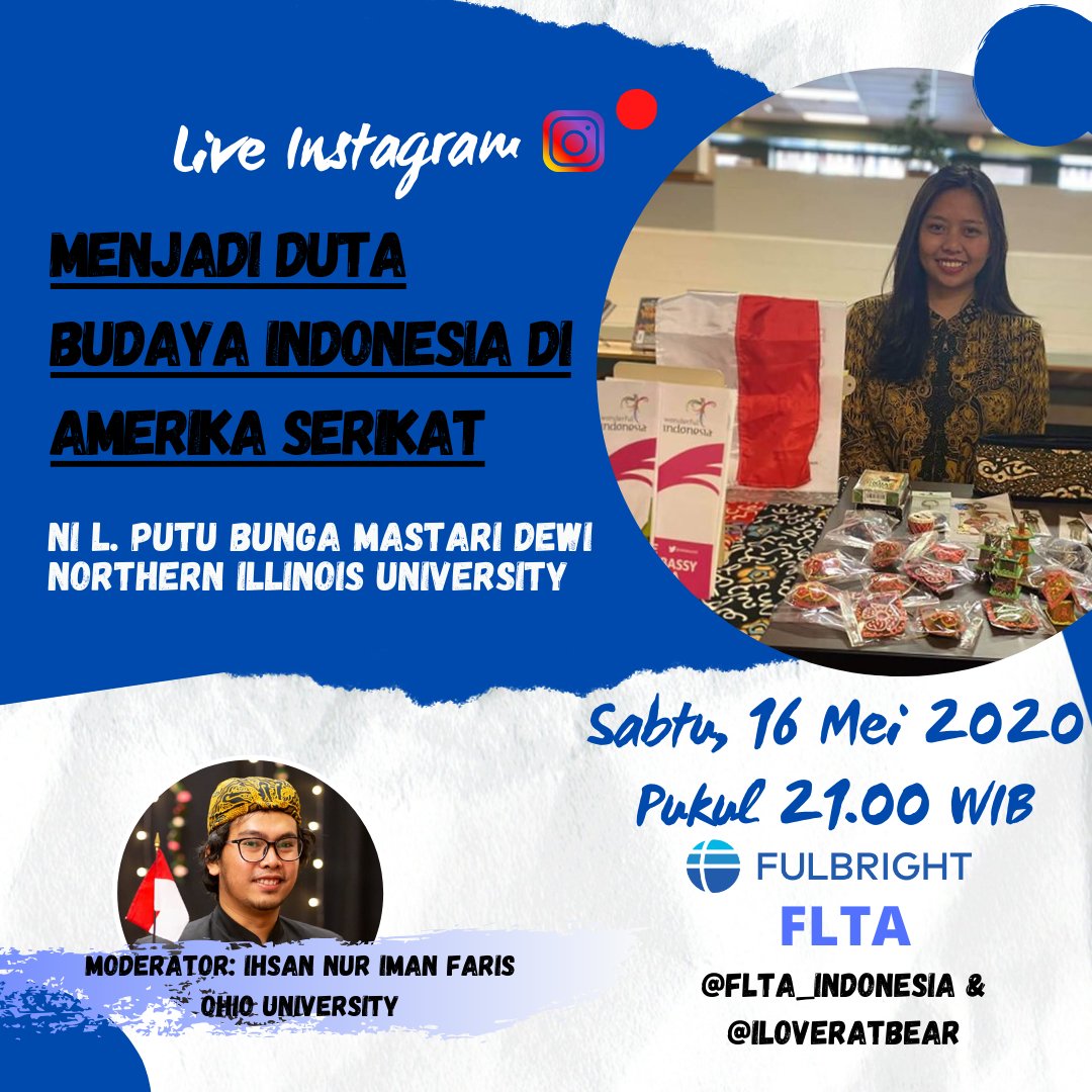 FulbrightID's tweet photo. #FulbrighterVirtualEvent - Apa kegiatan dua 2019 #Fulbright FLTA utk memperkenalkan budaya disamping mengajar Bahasa Indonesia di univ di AS selama 2 semester? Ikuti perbincangan Ihsan Faris (@ohiou) dan Ni Luh Bunga Dewi (@NIUlive) via IG Live, 16 Mei jam 21.00 (waktu Jakarta) https://t.co/JxURvUP3a9