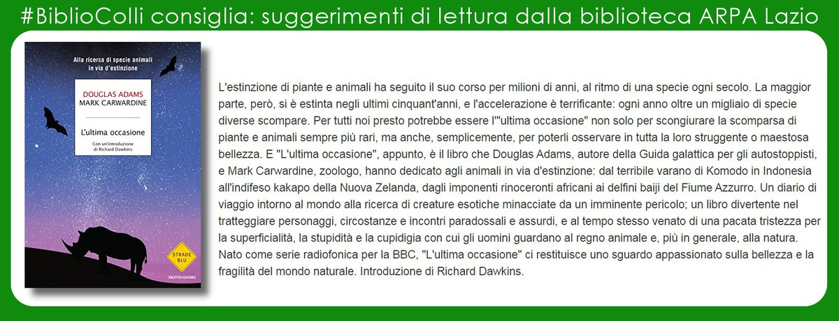 ARPALazio's tweet photo. #Consiglidilettura #BiblioColli: "L'ultima occasione" di Douglas #Adams e Mark Carwardine; un classico della #divulgazione scientifica dal geniale ideatore della Guida galattica per gli autostoppisti. 
Prestito ebook gratis da https://t.co/wScFTuKn8w #ARPALazio https://t.co/sNs3SXezxj