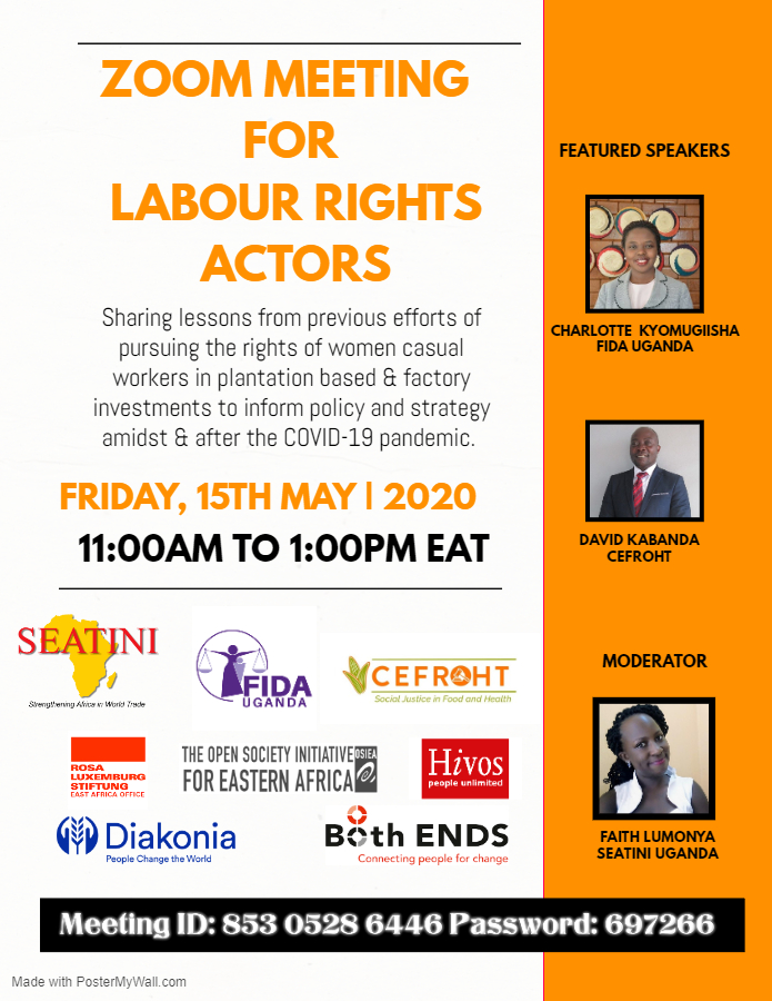 FaithLumonya's tweet photo. Join @SeatiniU @FIDA_Uganda @cefroht as we reflect on strategies to mitigate business related labor rights violations in investment firms affected by the #COVIDー19 crisis. If gov'ts don't step up their role &amp; protect workers, violations are bound to escalate #LabourRightsMatter https://t.co/j2C1SZ5G7A
