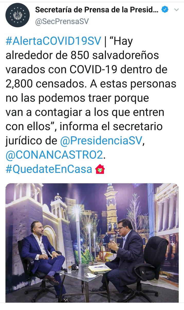 UNA MENTIRA MÁS a NADIE de los #VaradosSV se nos ha realizado prueba Covid...si de los DEPORTADOS tienen 850 personas positivas no traten de confundir a la población ustedes mismos dijeron q de 1926 repatriados a la fecha no tenían NINGÚN +, mejor muestren  el plan <a href="/SecPrensaSV/">Secretaría de Prensa de la Presidencia</a>
