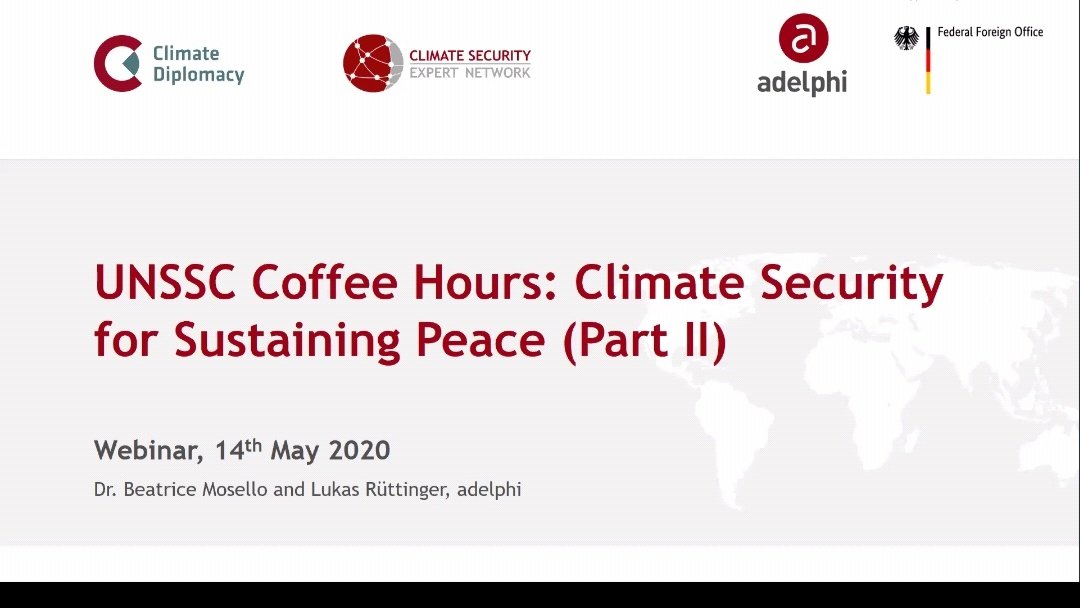 Insightful  @UNSSC coffee hour discussion on  #climatesecurity for sustaining peace (II). with experts from  @UNPeacebuilding  @adelphi_berlin