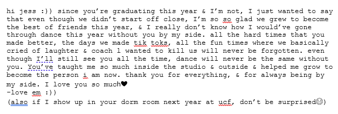 Special message for Senior Dancer <a href="/jessiccaaahenry/">Jess</a> from <a href="/emilycarbocci/">emily</a>