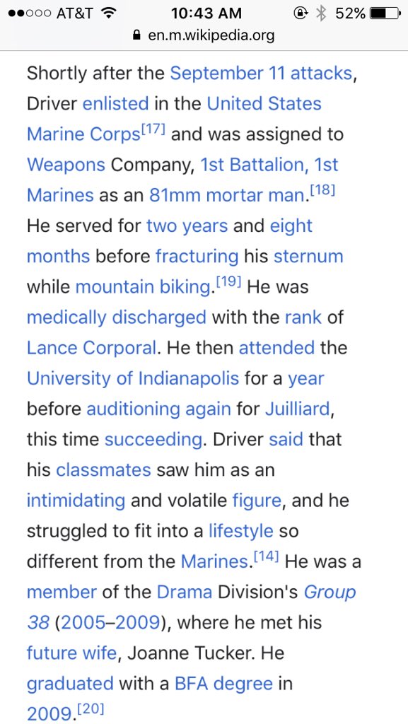 Pontevedrian's tweet photo. just edited the Early Life section of Adam Driver's article using this ethos, look quick before some nerd reverts it https://t.co/aLnfXpvUtN