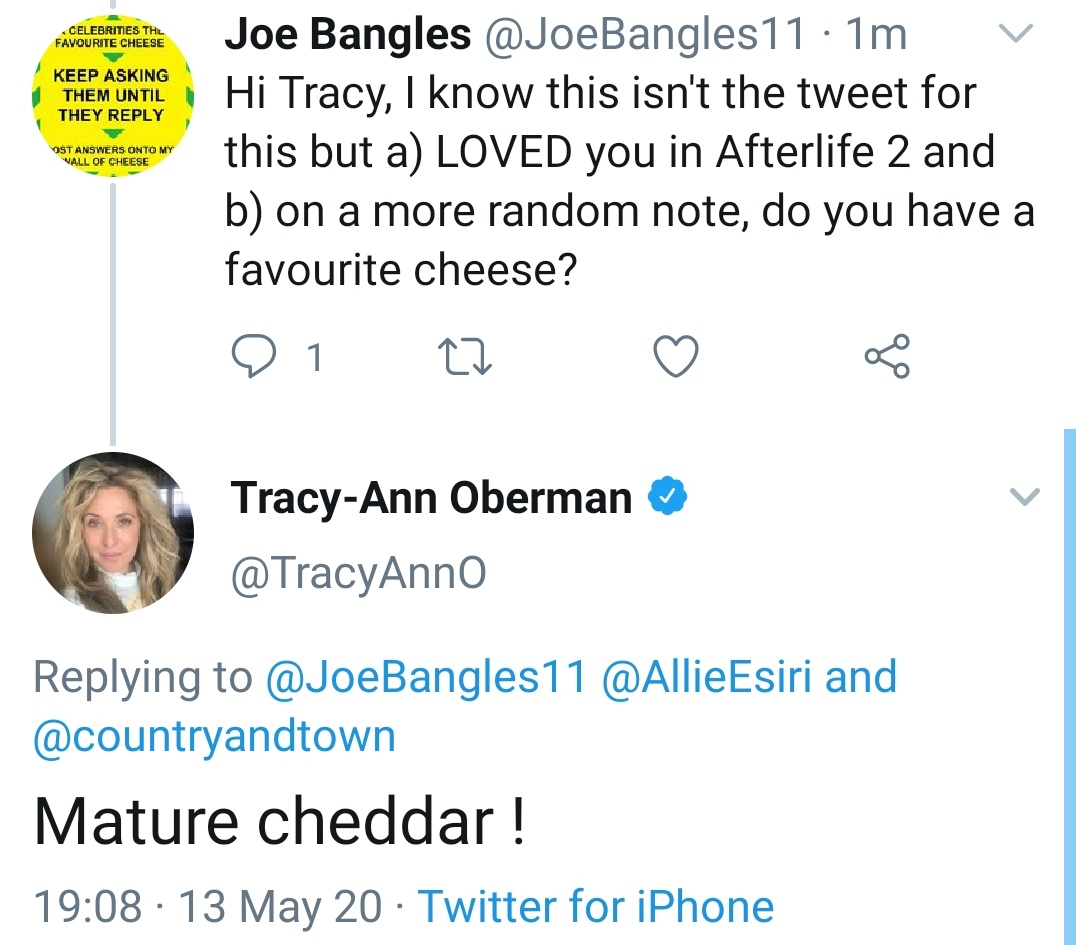 Thank you to the magnificent  @TracyAnnO,  @GeoffNorcott,  @brokenbottleboy and  @salihughes for your replies and dairy selection!It's becoming more and more clear that cheddar is always a great shout. #ThursdayThoughts