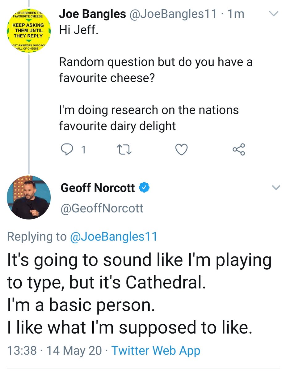 Thank you to the magnificent  @TracyAnnO,  @GeoffNorcott,  @brokenbottleboy and  @salihughes for your replies and dairy selection!It's becoming more and more clear that cheddar is always a great shout. #ThursdayThoughts