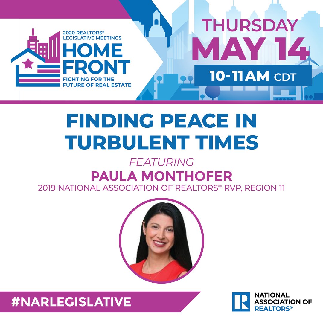 Join us in 15 minutes for Paula Monthofer, 2019 RVP &amp; president of the Focus School of Real Estate to guide you through techniques &amp; resources to help you stay calm &amp; focused in today’s environment. View this session: ow.ly/Xmnm50zGcBf #NARLegislative