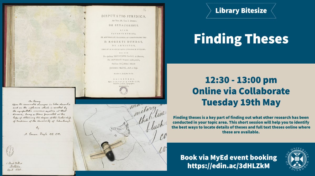 EdUniLibraries's tweet photo. Our #LibraryBitesize session tomorrow (19.05.20) is on Finding Theses. This is a key part of finding out what other research has been conducted in your topic area & as this research isn't always published knowing how to find it is important. Register via https://t.co/x63a6wvPn4 https://t.co/5wvuLFgJk4