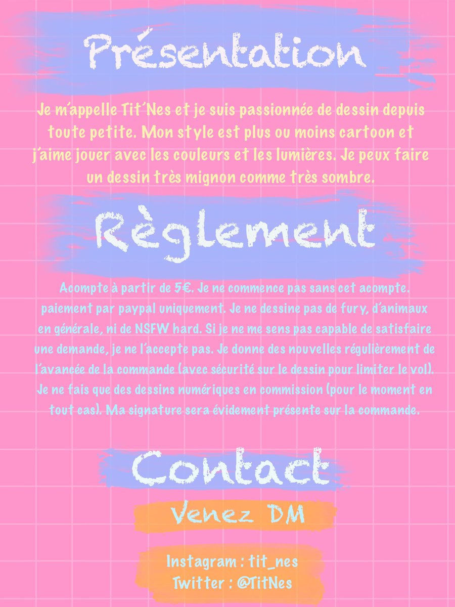 TitNes's tweet photo. 🌺 Commission ouverte 🌺

J’ai un peut refais mes fiches de commission😊 Ça change pas, si vous êtes intéressés venez en DM ! N’hesitez pas à RT en tout cas, ça me fait me ferai plaisir ❤️ 
⬇️En dessous, vous trouvez le lien de mon site avec mon portfolio ! ⬇️ https://t.co/TEH3WTKt2q