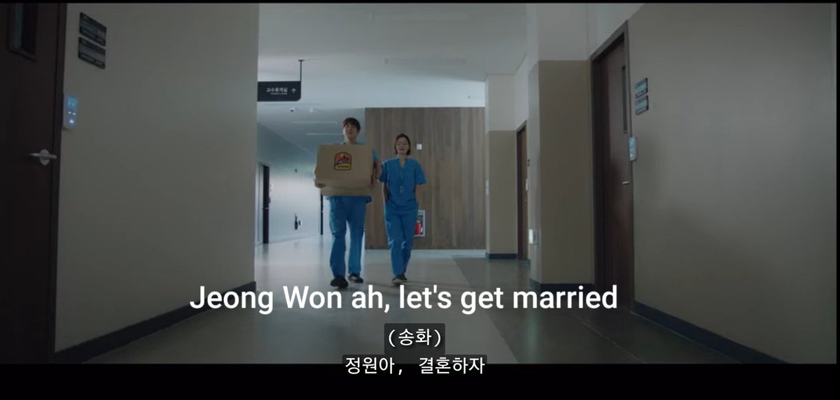 9. Episode 10  #HospitalPlaylist Song Hwa literally said "Jeong Won ah, let's get married", not sure why the sub just sub it as "get married" 