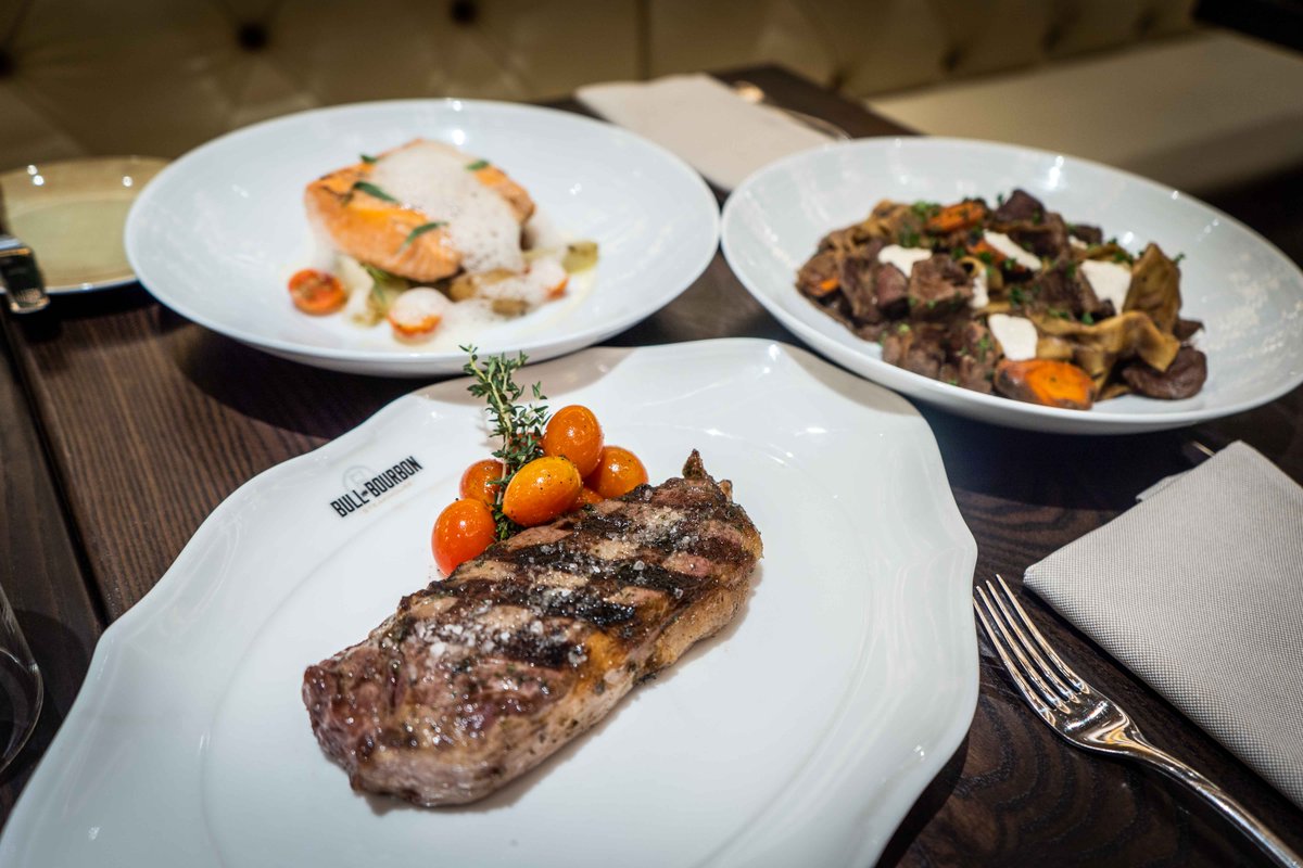 BullAndBourbon's tweet photo. Today's feature our "2 for $40" entrees  
.
12 oz. New York, Yukon Gold Potatoes, Grilled Market Vegetables
.
Grilled Salmon, Confit Fingerlings, Confit Fennel, Tomato Nage
.
Pappardelle, Filet Tips, Marsala Mushroom Sauce, Caramelized Onions, Horseradish Cream, Charred Carrots https://t.co/EXLmyjXAgz