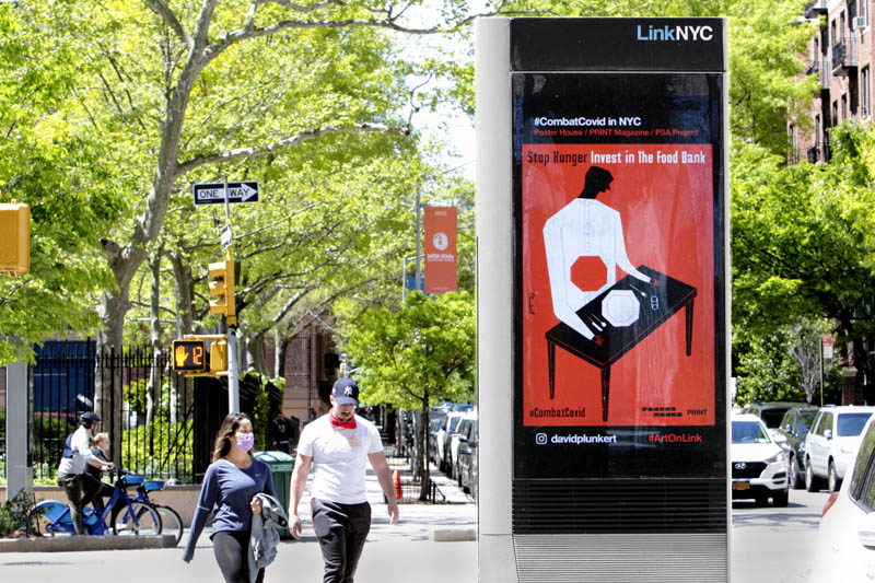 Stop hunger Invest in the Food Bank poster on LinkNYC kiosk. Part of a PSA campaign curated by @PosterHouseNYC & @printmag #CombatCovid