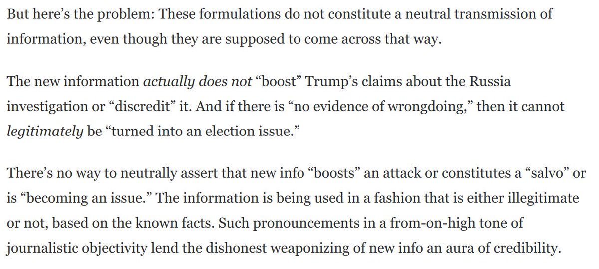 Here's the problem.There's no way to *neutrally* assert that new info "lends ammunition" to an attack or "allows Trump to make an issue" out of something.Either the new info *legitimately* allows this, or it does not. You need to say which it is. https://www.washingtonpost.com/opinions/2020/05/14/2016-nightmare-is-already-repeating-itself/