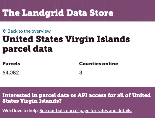 regridapp's tweet photo. Hot off the presses - We just added US Virgin Islands data to our data set, data store and to our mapping platform.

Check it out - https://t.co/EJPsm8DObP

We are churning away. So expect more such news from us in the coming months. 

#parceldata #coverage #landgrid #loveland https://t.co/psXWWgSIJG