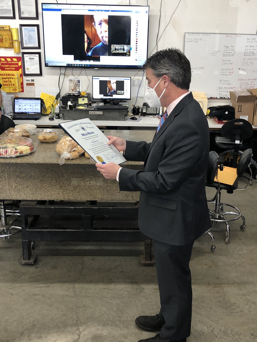 WalterFTimilty's tweet photo. I had the honor of presenting a Senate Citation to Brian Kalfin, owner of Hytek Automation Solutions in #AvonMA for the company’s admirable & noble work of combatting #Covid19 by utilizing liquid fillers in helping to produce and distribute hand sanitizer. https://t.co/elqULt8a0o