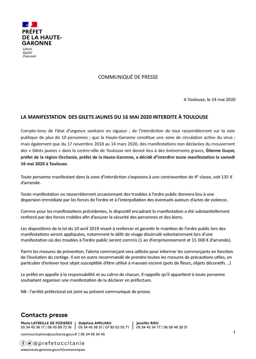 AiphanMarcel's tweet photo. Quelques heures après la demande de quelques organisations patronales pompeusement appelées «monde économique» dans La Dépêche de Baylet, l’ex-ministre de Valls, le préfet de #Toulouse interdit la manif des #GiletsJaunes
C’est bien rodé, ce ballet répressif
#BasLesMasques #Medef https://t.co/GTaYWnkGf2