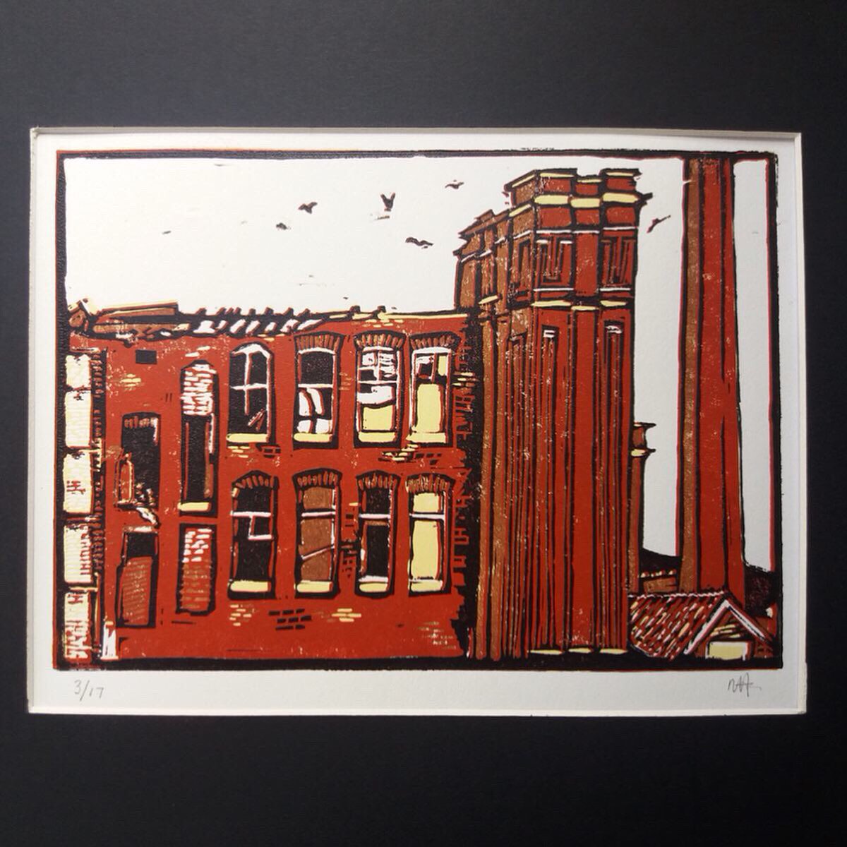 linocut by Mike Fahey  #Space Since this linocut was completed the Old Weaving Shed and chimney stack at Eckersley Mill has been demolished and cleared... leaving a massive space in Wigans landscape.  #socialdistancing  #linocut  #mill  #artduringcovid19  #landscape  #wiganart  #print