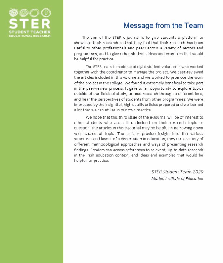 STER_Ire's tweet photo. The message from the student team; ‘we found it extremely beneficial to take part...we hope this issue will be of interest to others’ #STER2020
STER is a student-staff partnership project building on the principles of Student Engagement @NStEPie through research dissemination https://t.co/Opt0KgubhA