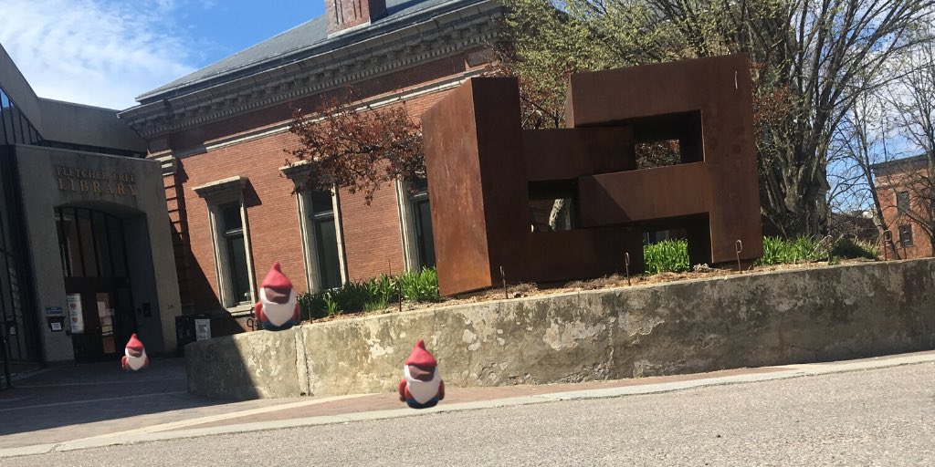 Some of the library’s gnomes have taken up residence in our front garden to greet people using our outside pickup service! See if you can spot them when you come to get your items! fletcherfree.org/outside-pick-up