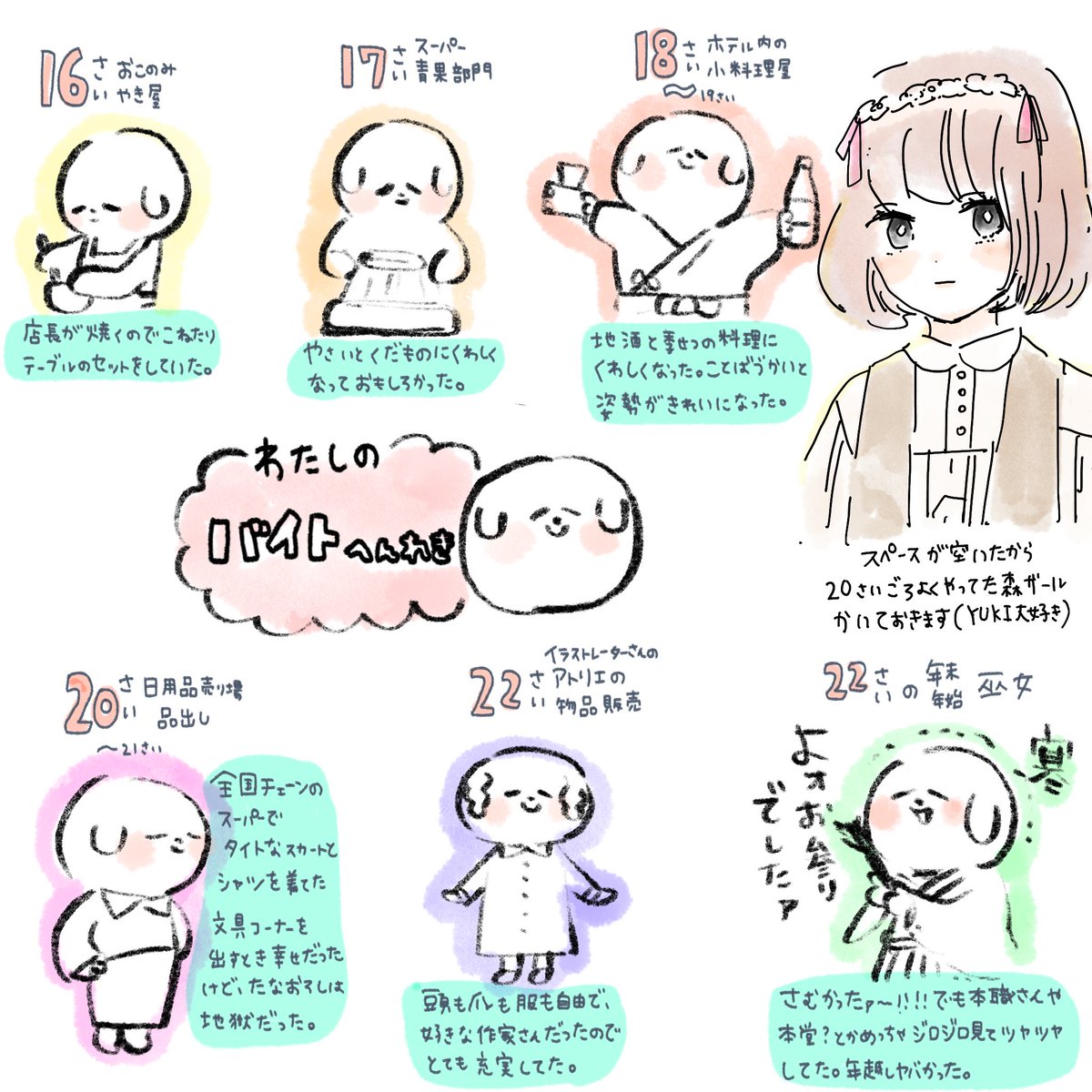 マツさんのバイト遍歴イラストを見て、そう言えば私も色々やったなぁと思い出して描いてみた☺️
参考にした可愛いマツさんのかわいいイラストはこちら
https://t.co/QS3KehZUSU 