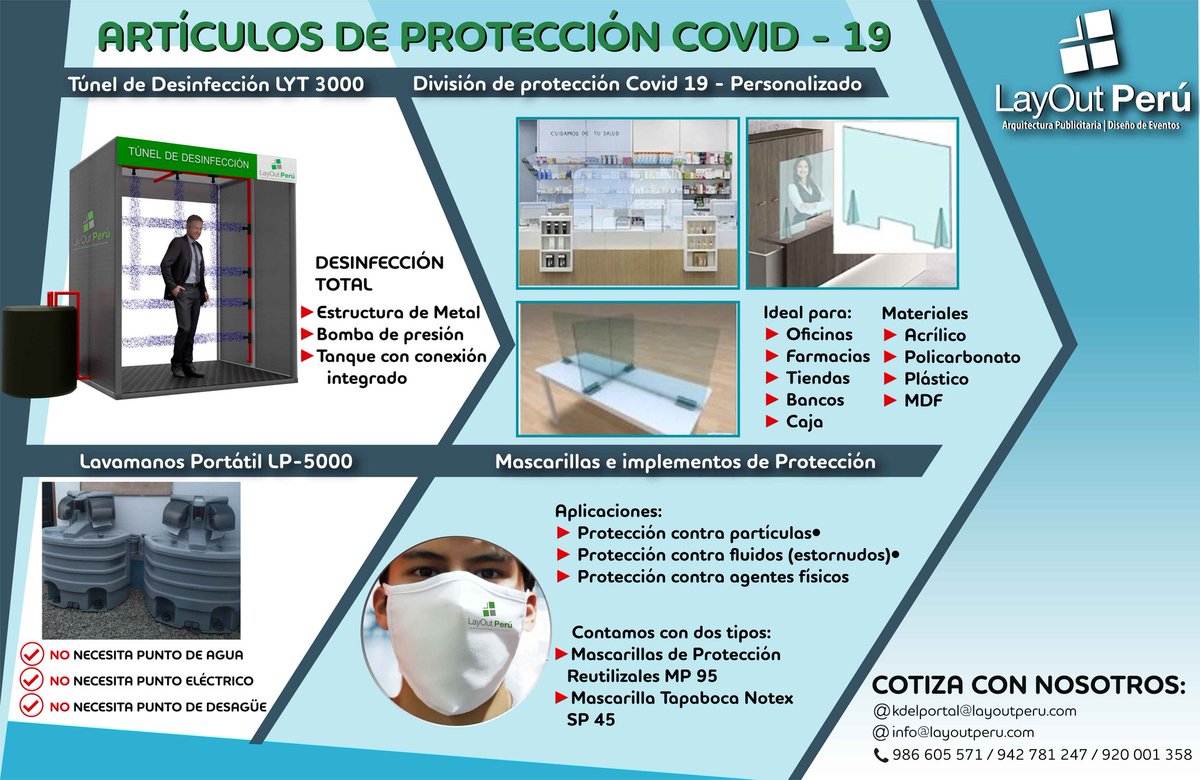 LayoutPeru's tweet image. Y como lo habiamos anunciado! 
Ponemos a su disposicion nuestra linea de Prevencion &amp;amp; seguridad Covid - 19
#ElVirusNoNosPara
 #LayOutTeamTrabajaEnCasa

SOLICITA INFORMACION : 
 ☎ 4383783 o 📲 942781247
 info@layoutperu.com Kdelportal@layoutperu.com layoutperu.com